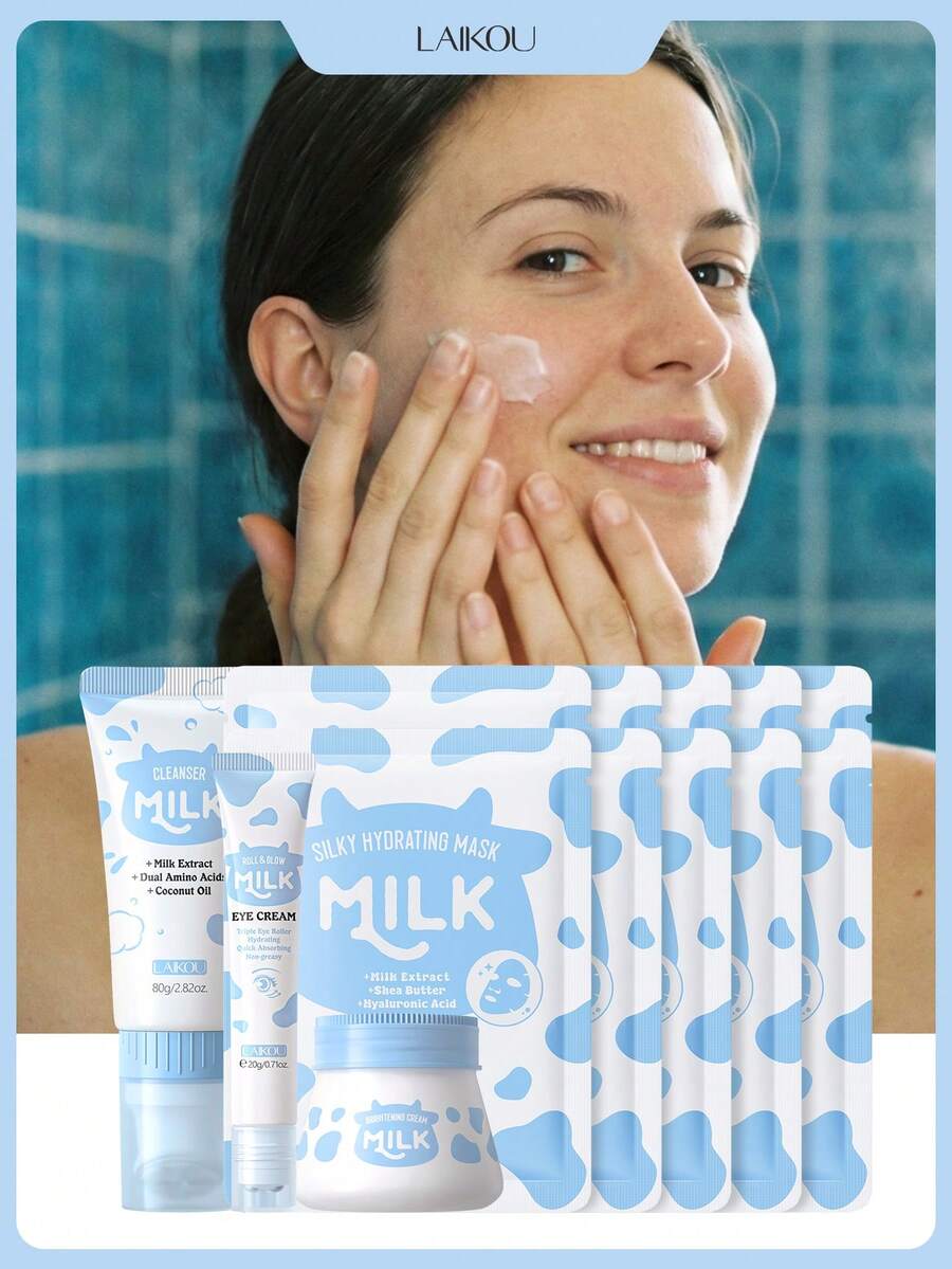 一套美白牛奶护肤套装（亮白霜 55g + 牛奶滚珠焕彩眼霜 20g + 牛奶洁面泡沫 80g + 牛奶柔滑保湿面膜 25g*10），保湿护肤礼盒，深层滋养护肤礼袋，温和保湿修护，送女友的礼物，化妆品 - 牛奶 - 查看 1