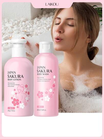  1套 LAIKOU 深层滋养日本樱花身体护理套装（日本樱花沐浴露 200ml + 日本樱花身体乳 200g），适合所有肤质，可用于享受水疗般的自我护理，或作为礼物送给女朋友。