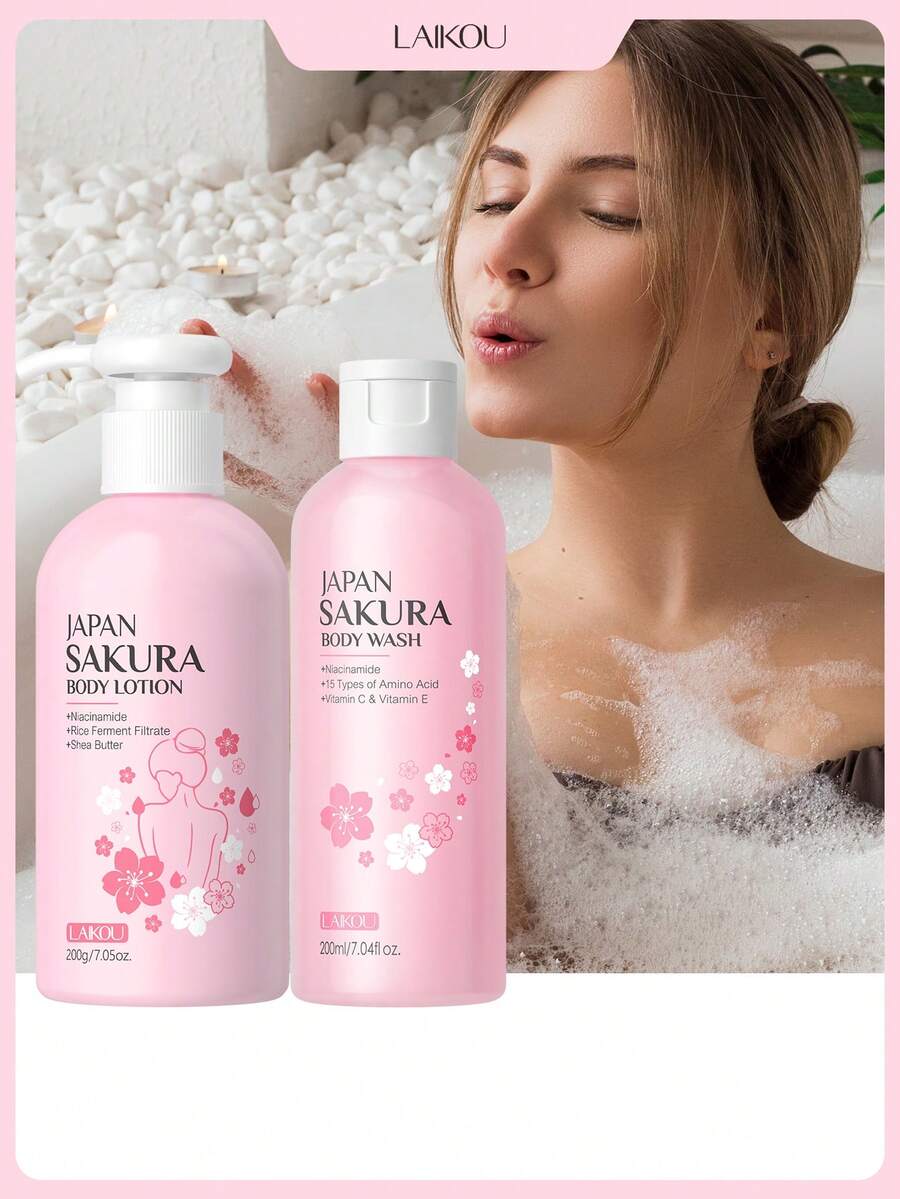 1套 LAIKOU 深层滋养日本樱花身体护理套装（日本樱花沐浴露 200ml + 日本樱花身体乳 200g），适合所有肤质，可用于享受水疗般的自我护理，或作为礼物送给女朋友。