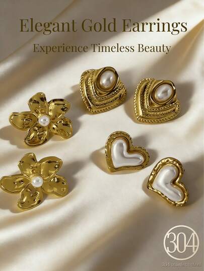 6-Piece Gold Multi-Element Heart/Flower Elegant Stud Earrings For Women Perfect For Everyday Wear Or Parties, And An Ideal Gift For Holidays Or Birthdays. Earring Sets,Earrings Women Earring Sets,Luxury,Gold Plated Jewelry,Beach Accessories For Women,Beach Earrings