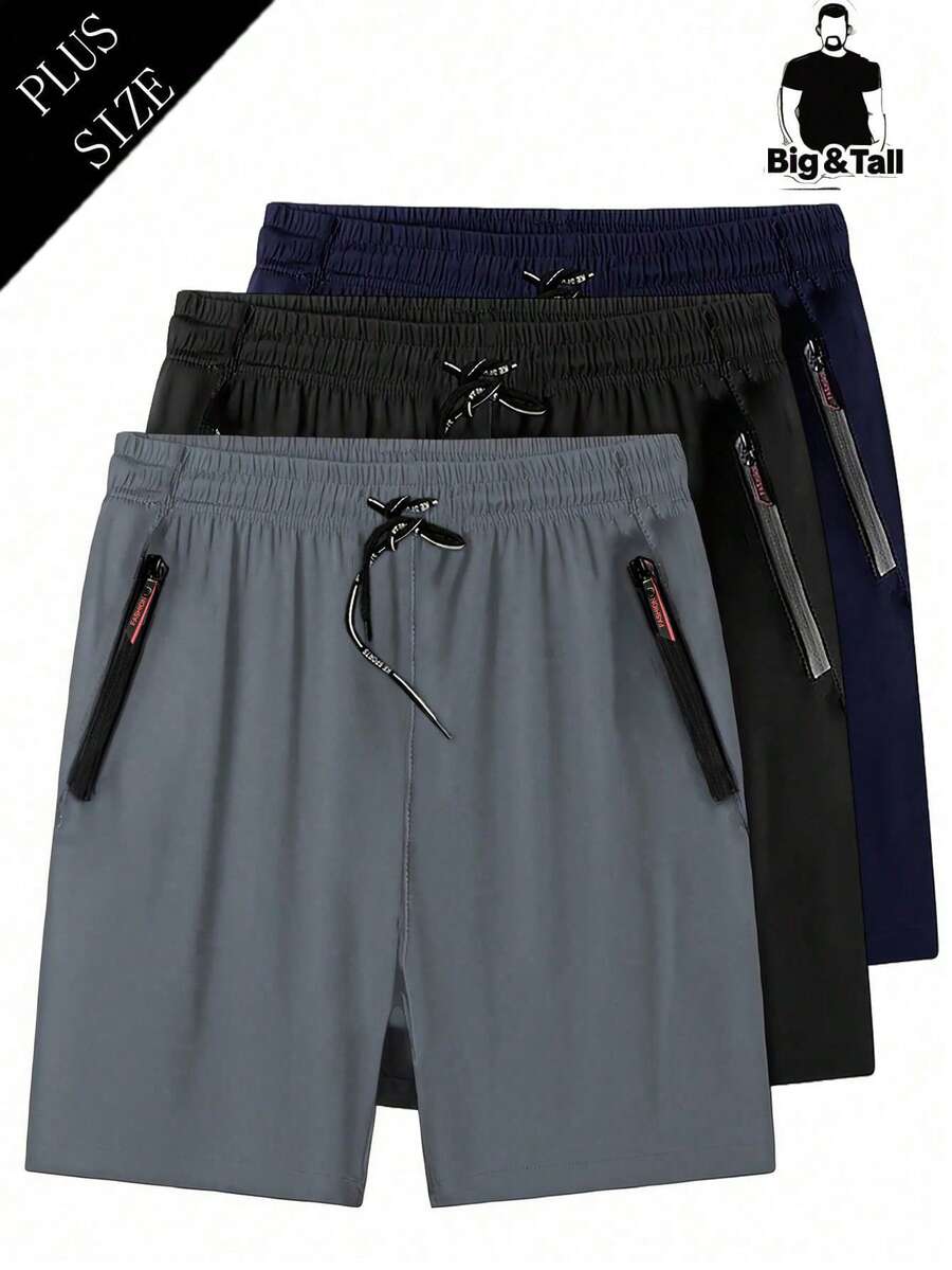 Pantalones cortos para hombre de talla grande, pantalones de pierna recta elástica de 5 pulgadas para verano, unicolor, bolsillos con cremallera, cordón, ligeros, para deportes, correr y fitness