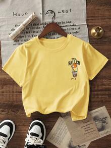 Tween BoyCartoon Basketball & Bubble Tea Print Round Neck Short Sleeve T-Shirt, New Spring/Summer Kids Graphic Tee - Yellow - View 2