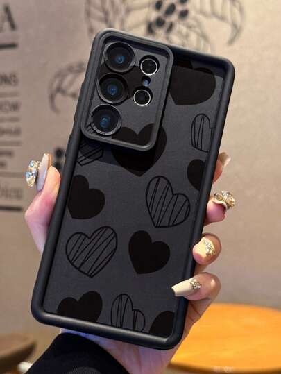 1 ốp lưng điện thoại in hình trái tim, thiết kế lỗ camera, chống sốc, dày dặn, màu đen cho Android Galaxy A55/A15/S21, S22, S23 FE, S24 Plus, 25 Ultra, SMART 8 Pro, Honor, One Plus