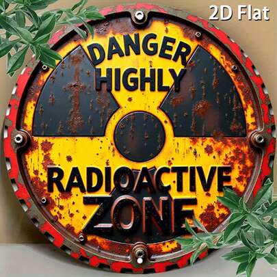 2D平面复古辐射警告圆形金属标牌，1个装 - 高放射性核辐射危害墙饰，19.99厘米，乡村金属装饰，适用于家居、车库、餐厅、咖啡馆等场所，金属墙面装饰，精细文字设计，2D平面，预钻孔（尺寸见图）。