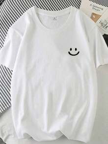 Masculino Feminina Estampada Sorriso Emojo Camiseta Manga Curta UNISSEX 100% Algodão - Branco - Visão 1
