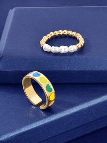 2 Pcs Dainty Faux Pearl Beads Elastic And Heart Pattern Gold Finger Rings Party Daily Holiday Accessories Jewelry - Multicolor - View 6