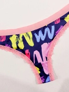 Dircho 3pcs Women's Fashion Neon Abstract Print Thong Set, Flexible Skin-Friendly Underwear Ideal For Creating A Stylish And Playful Daily Look - Multicolor - View 2