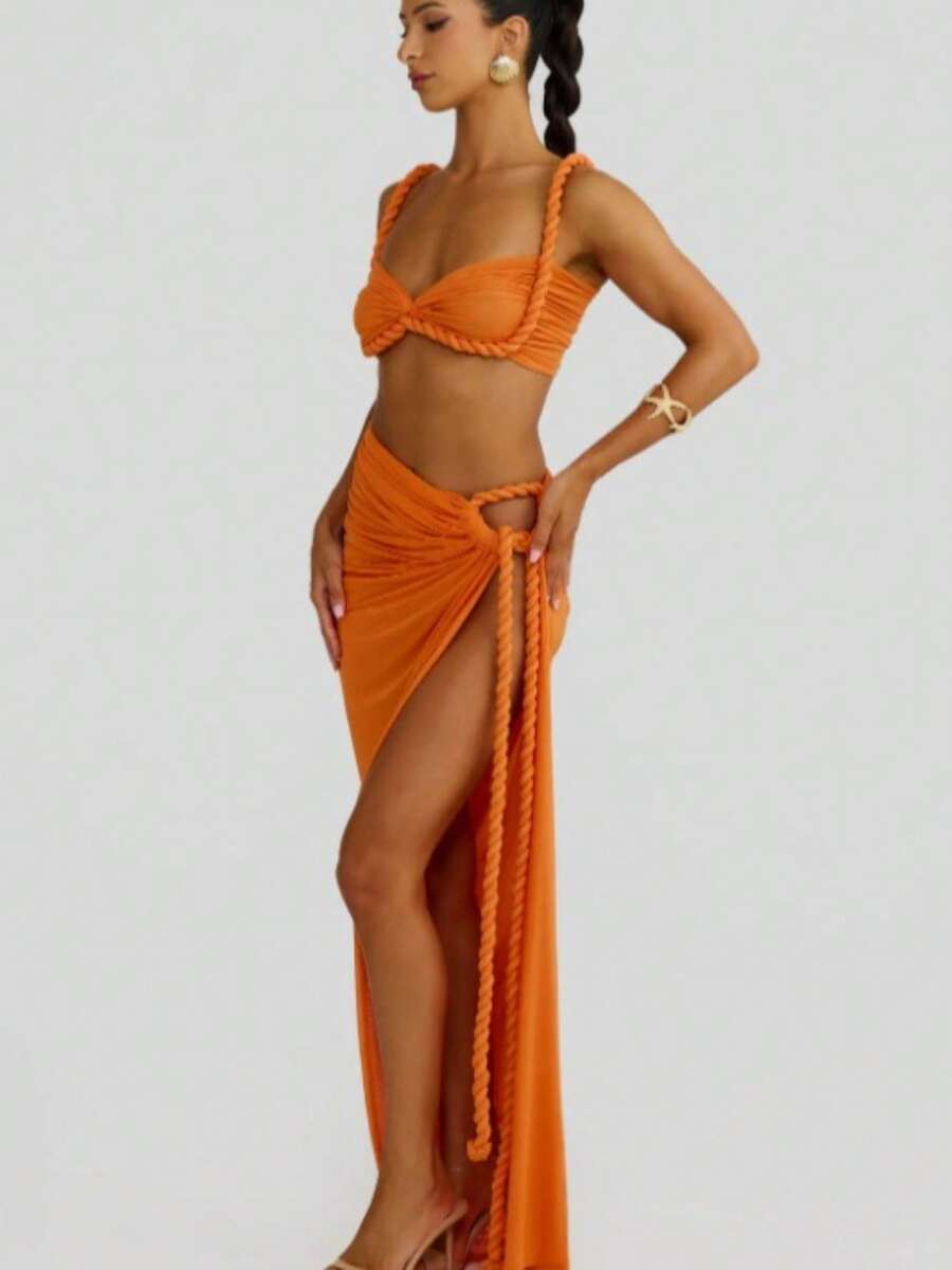 Temperament Comfortable Beach Vacation Wind Twist Suit Female Sexy Halter Suspender Hip High Split Skirt Suit - 橘色 - 查看 1