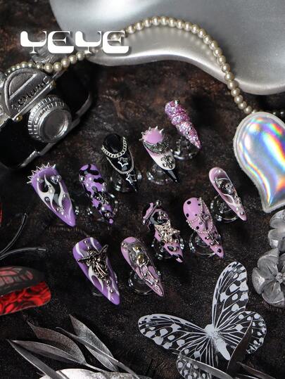 10pcs Press On Nails Y2K Purple,With Black Color,Glitter,European Style,3d Three-Dimensional Decoration Element,Flame,Silver ,Star,Wing,Angel,Key,Pearl,Rivet,Silver Bean,Rhinestone Decor,Junk Punk Full Coverage Acrylic Handmade Press On Nails Stiletto Set,Baddie Girls Nail Art For Girls And Women,With 1pc Mini Nail File & 1 Sheet Adhesive Tabs ,Suitable For Daily,Party,Wedding,Music Festival