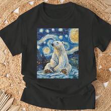 Cute Polar Bear Van Gogh Style Starry Night-Shirt Cotton Black Printed Short Sleeve-Shirt, Vintage Street Style Casual Versatile Top Tee. - Black - View 3