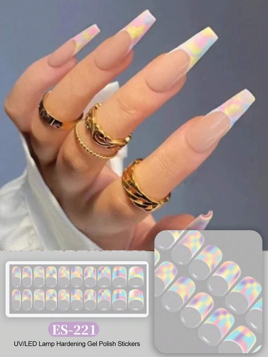 Benzi de unghii cu gel semi-polimerizate, 20 buc. clasic francez, bază roz semitransparentă, autocolante UV pentru unghii cu gel pentru acasă, DIY