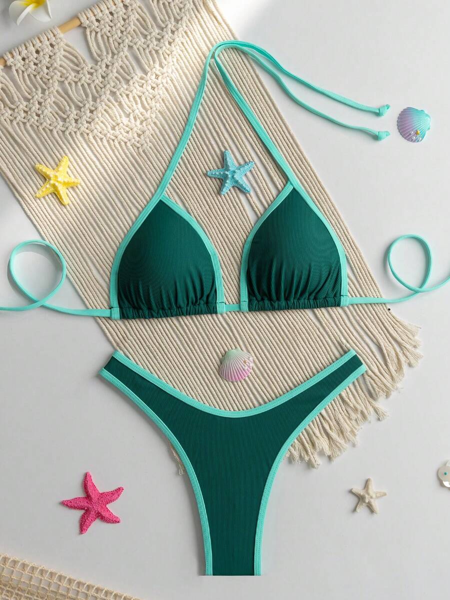 RWX VEST Triangle Bikini With Contrasting Trim And Adjustable Tie 2025 XX574 - Teal Blue - View 1
