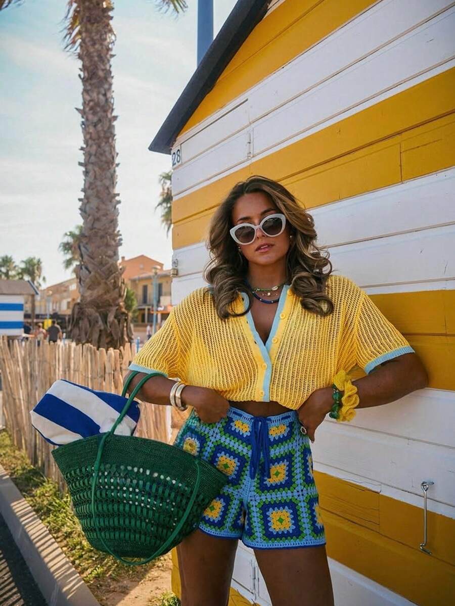 女士休闲开衫，简约性感派对针织撞色上衣，适合日常穿着，春夏秋季度假皆宜 - 黃色 - 查看 1