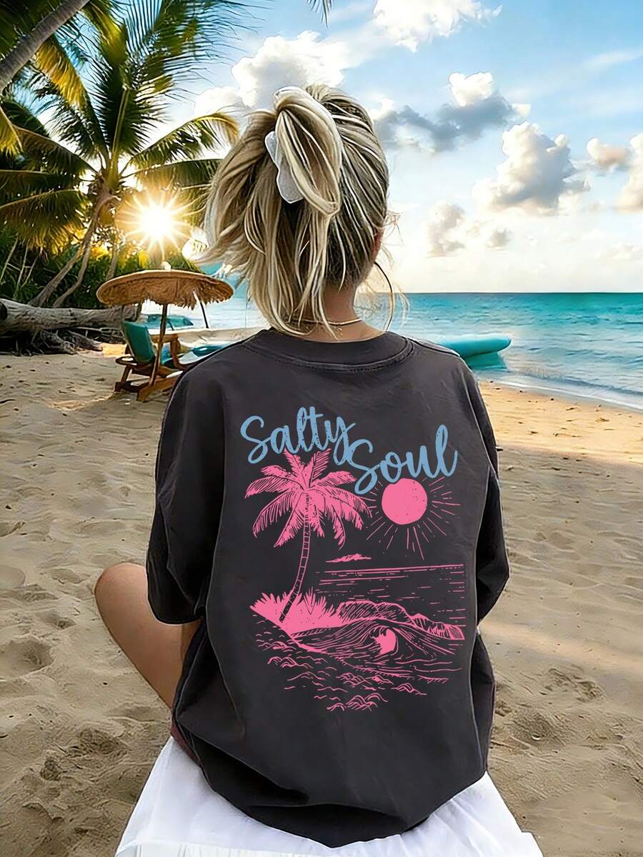 Tween 女童热带印花圆领短袖 T 恤，夏季上衣 - 深灰色 - 查看 1