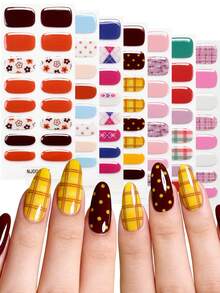 16片复古花卉格子凝胶美甲贴,需配合UV灯使用,持久自粘,甜美秋冬纯色美甲贴纸,适合女性、女孩日常派对DIY美甲 - 彩色 - 查看 3