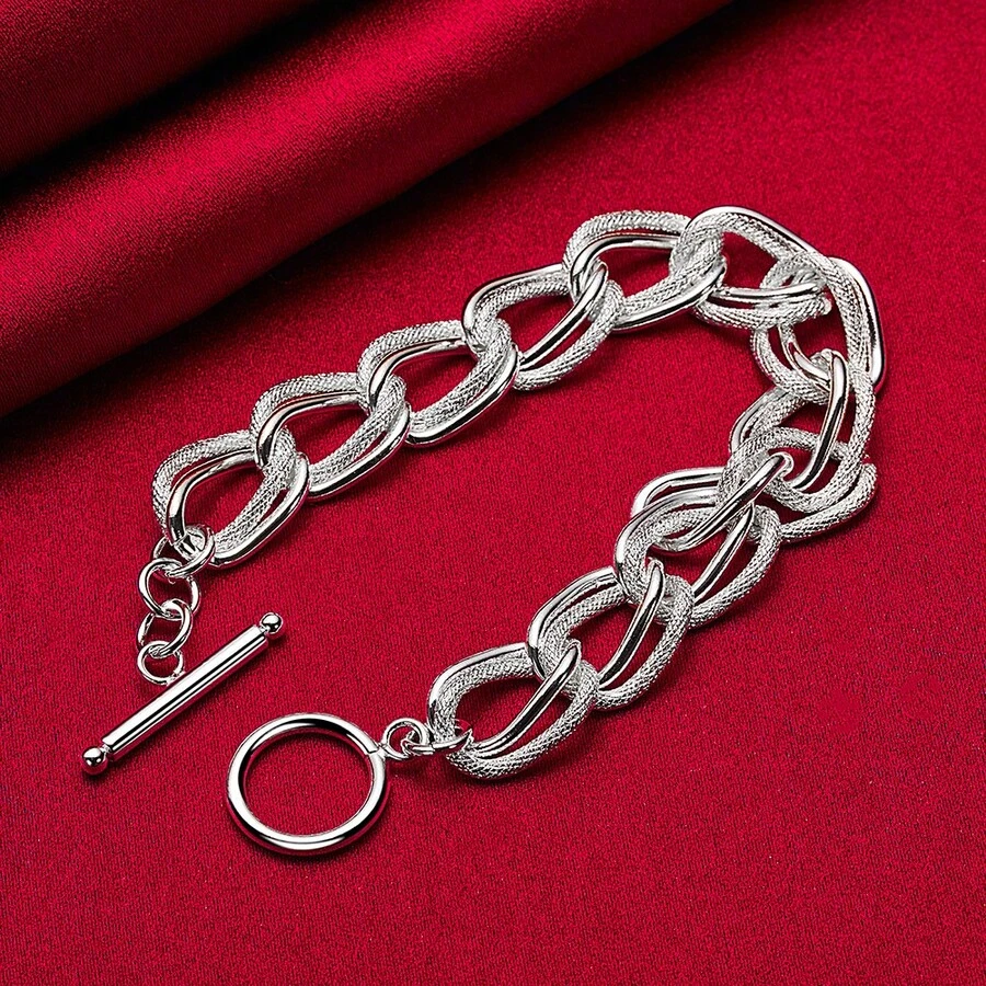 Pulsera de cadena de anillo de plata de ley 925 con acabado mate liso para mujeres, joyería de moda para boda, compromiso y fiesta - Plateado - Ver 1