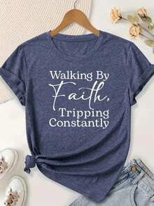 Plus-Size Women's-Shirt, Printed With Bible Verse Walk By Faith, Often Stumble - Christian Faith Apparel, Short-Sleeved, Round-Neck, Casual Wear BHOK - 深灰色 - 查看 7