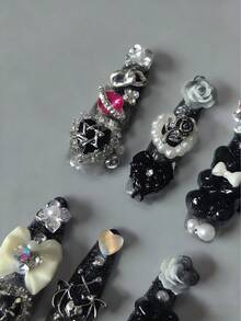 10pcs Gothic Style Nail Stickers, Luxury Unique Silver Gradient Glitter High-End Design, Skull, Metal Rabbit, Rose, Cross, Bow, Pearl, Teddy Bear And Other Punk Metal Y2K Nail Art Elements - Multicolor - View 6