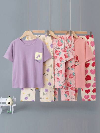 6pcs/Set Girls Sleepwear Set, Short Sleeve Top And Pants, 100% Cotton Lightweight Casual Pajamas For Summer