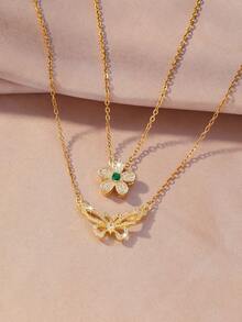 Hihho 2pcs Gold Double-Layer Zirconia Stone Necklace Set, Luxury Layered Choker Necklace With Flower/Butterfly Pendant, Sparkling Necklace Shining Like Blooming Flowers And Dancing Butterflies - Necklace Set - View 2