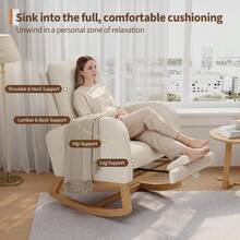 Silla Mecedora de Terciopelo Teddy – Butaca Reclinable con Respaldo Alto y Tapizado Suave – Silla Cómoda para Sala de Estar, Dormitorio o Rincón de Lectura – Estructura de Madera - Lana de cordero blanca con reposapiés - Ver 6