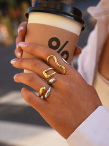 Frminee 3 piezas/1 pieza Anillos apilables de acero inoxidable grueso para mujeres, anillos de nudillo abiertos exagerados chapados en oro de 18K - Color mezclado oro y plata - Ver 4