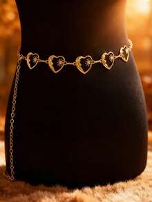 1pc Fashionable Versatile Heart & Crescent Flower Gold Tone Waist Chain, Suitable For Women's Daily Wear, Party, Festival, Gift - Gold - View 3