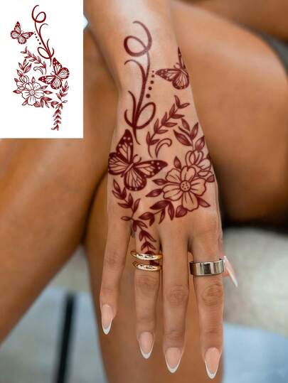 1 Sheet Big Size Body Art Temporary Tattoo Sticker Suitable For Women, Fashion Red Butterfly And Flowers Patterns. Waterproof Fake Tattoo, Lasting 2-5 Days, Can Be Used On Arms, Neck, Shoulders, Chest, Waist, Legs, And Back. Perfect For Holidays, Parties, Gifts, Vacations, Music Festivals, Body Decoration.