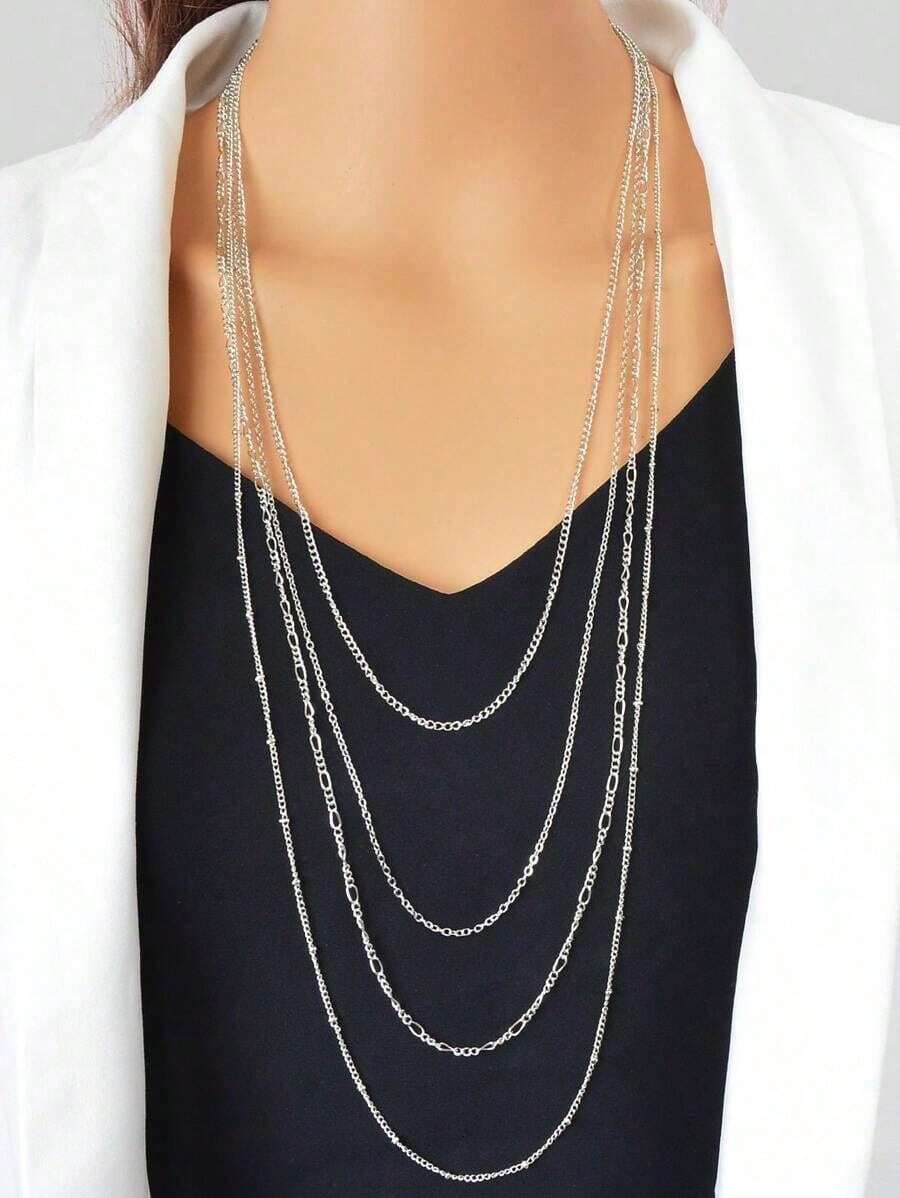 1pc Fashionable Multi-Layer Chains Long Necklace - Bạc cấp độ 2 - Xem 1