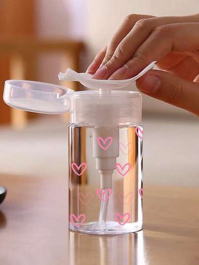 Pink Heart Pattern Clear PET Refillable Travel Bottle, Makeup Remover Dispenser, Dispensing Bottle With 3.38oz/6.76oz Portable Pump Dispenser For Nail Polish Remover, Toner And Makeup Remover, Dome Design, Hand Wash Only, Reusable, Makeup Remover Bottle