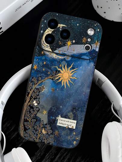 时尚、流行、个性化、星空艺术风格插画，以金色太阳、新月、星空和励志名言为主题的奢华防震美观可爱手机壳，镜头凸起保护，兼容 17/17Pro/17Pro Max、16、15、14、13、12、11 Plus/Pro Max及系列，以及Galaxy S/A系列，复活节、圣诞节、万圣节礼物/生日礼物，送给女朋友、男朋友、朋友或自己。