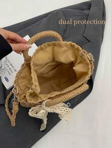 [US-Based Shipping]Leisure Handbag Crossbody Bag,Bohemian Lace Bow Straw Crossbody Bag For Women – Hollow Woven Rattan Handbag With Top Handle, Summer Beach Tote Purse, Vintage Lace Decor Shoulder Bag Perfect For Vacation, Beach Trips And Daily Outings, Boho Chic Mini Basket Bag,Summer,Women Bags For Vacation,Holiday, Straw Purse, Straw Beach Bag, Beach Necessities, Beach Essentials,Beach Stuff & Summer Essentials, Fashionable Vacation Bag For Summer - 卡其色 - 查看 4