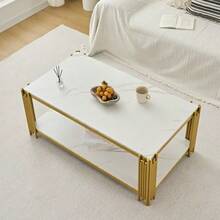 Rectangular Coffee Table With Metal Legs And Marble-Effect Top, Modern Living Room Furniture, White And Gold – H 46/W 1140/D 64 Cm - View 4