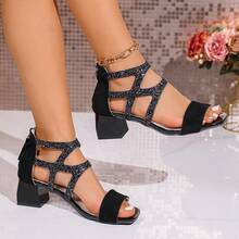 Women's New Chunky Heel Square Toe Rhinestone Strap High Heels, Elegant Sexy Open Toe, Soft Bottom Non-Slip, Versatile Daily Commute Comfortable Pumps - Black - View 15