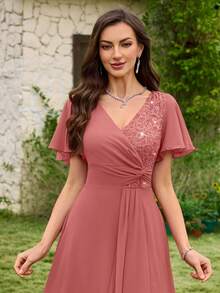 MIUSOL V-Neck Sequin Floral Lace Patchwork Chiffon Ruffle Sleeve Side Slit Maxi Evening Party Dress Spring Wedding - Dusty Pink - View 9