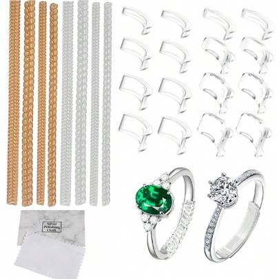 Bộ 25 dụng cụ điều chỉnh kích thước nhẫn, dụng cụ đo kích thước nhẫn co giãn, kèm khăn lau, nhiều kích cỡ, dụng cụ điều chỉnh kích thước nhẫn unisex, thiết kế điều chỉnh kích thước vô hình, phù hợp với các loại khuyên và vòng siết, phù hợp với hầu hết các loại nhẫn.