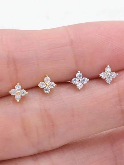 1Pair Sweet Simple Sparkle Korean Style Mini Cubic Zirconia Dainty Cubic Zirconia Flower Stud Earrings, Minimalist Gold Silver Tone Four Petal Clover Ear Piercing Jewelry Gift For Women Girls