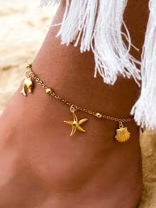 1件海洋风海星贝壳海豚脚链，金色不锈钢珠链脚链，夏季沙滩风，时尚脚部饰品，沙滩度假风脚链 - 金黃色 - 查看 12