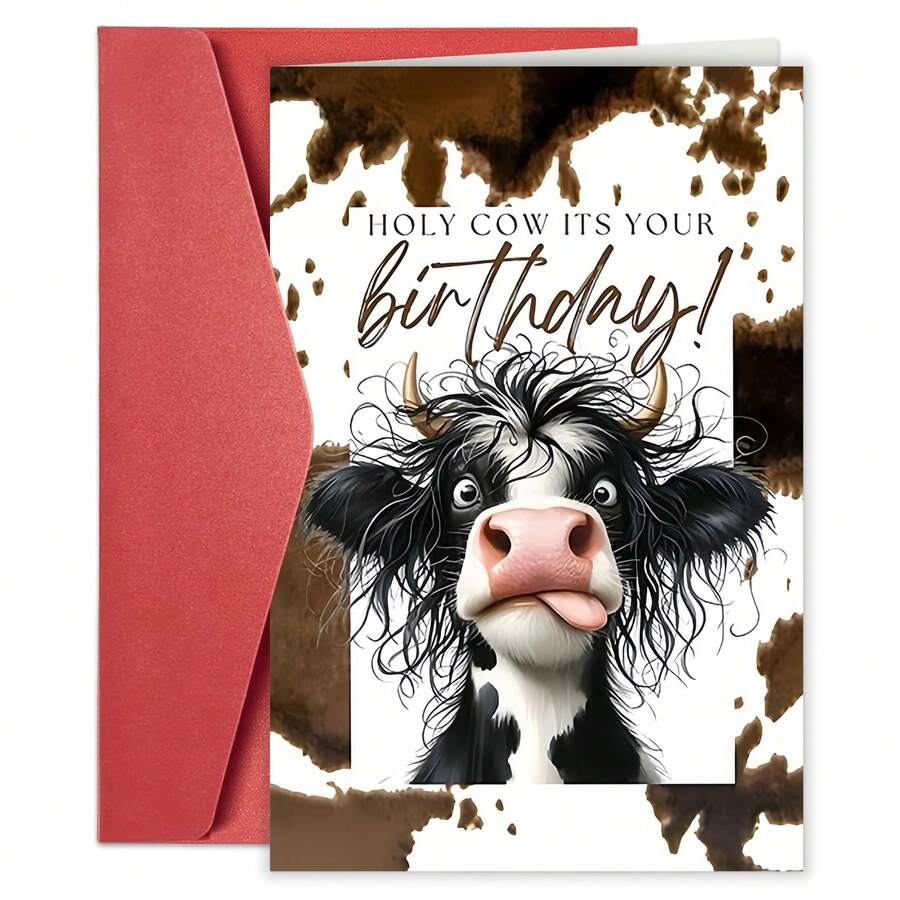1pc Cute Cow Birthday Card With Envelope - Funny Cow Design With "Happy Birthday" Text, Perfect For Family, Friends - Sets - View 1