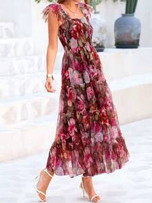 Women's Summer Mid-Length Dress Casual Sleeveless Pleats Ruffled Tulle Flowing New Year Party Wedding Guest Sundress - Nền màu nâu với họa tiết hoa màu hồng. - Xem 5
