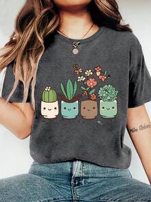 Women's Summer Clothing Plant Nature Cute Cartoon Potted Plant Print Round Neck One-Piece Summer Short Sleeve T-Shirt Comfortable Soft Fashion Elegant Retro Casual Versatile Spring Summer Autumn Winter Sports Style Top Multiple Colors Available S-XXL - 草綠色 - 查看 6