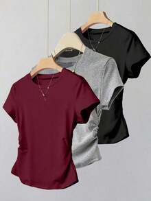 A Simple Solid-Color Short-Sleeved T-Shirt Set For Women, Suitable For Daily Wear And Easy To Match With Various Outfits. Includes 1 Piece - Multicolor 18 - View 12