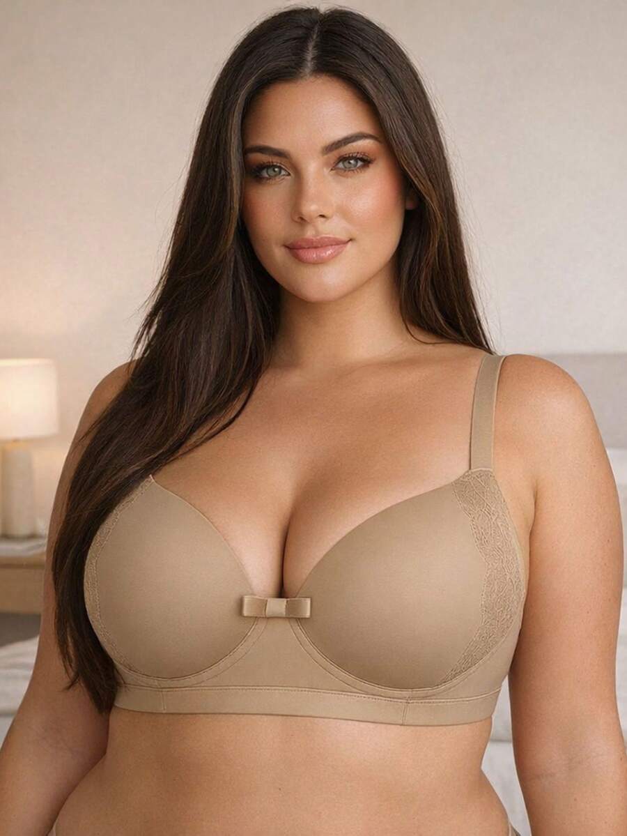 Reinforced Lace Bra With Padded Cups, Plus Size Support Bra - Beige - View 1