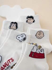 5雙 SNOOPY 系列 Charlie Brown 小狗表情字母圖案女款短襪 - 彩色 - 查看 5