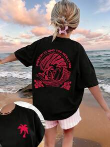 Tween Girl Tropical Print Round Neck Short Sleeve T-Shirt, Summer Top - Black - View 1