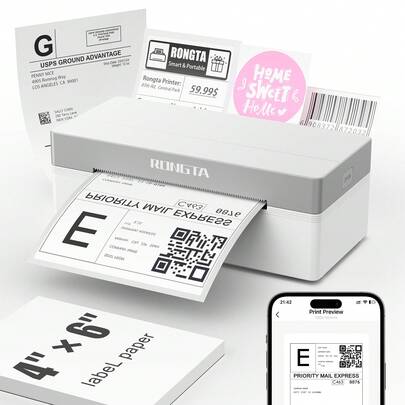  Rongta RP425 Wireless Thermal Shipping Label Printer - 4*6 Compact Wireless Label Maker For Small Business & Home, Desktop Printer