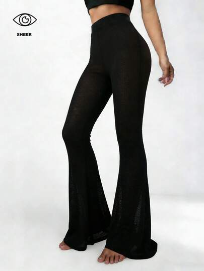 FLEXCHIC 女士性感网纱透视喇叭裤，时尚弹力长裤，适合春季、复活节、情人节，性感Y2K风格，适合派对和音乐节