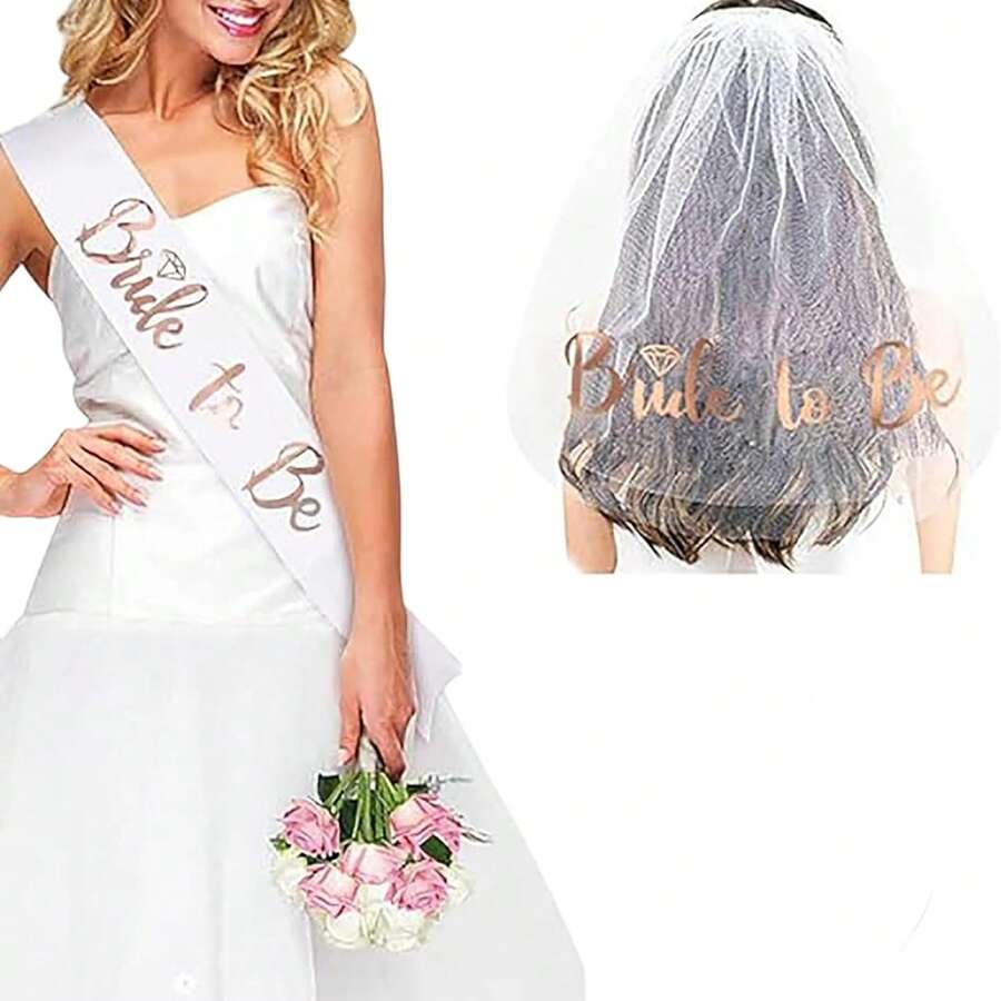 BRIDE TO BE Sash Veil Set 3PCS Bride Party Set Veil Hair Clasp Head Band Shoulder Ribbons Shoulder Belt Bridal Single Party Set - 3pcs - View 1