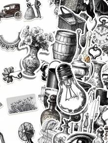 60张黑白复古贴纸，简约低调美学，适用于日记本、手机壳、平板电脑、水瓶、桌面、行李箱，防水贴纸 - 彩色 - 查看 1