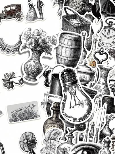 60pcs Black & White Vintage Stickers Minimalist Low-Key Aesthetic For Journal, Phone Case, Tablet, Water Bottle, Desk, Luggage, Waterproof Decals